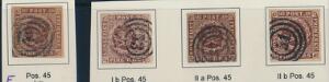 1851-1853. 4 RBS. Plade I, nr.45 i Ferslew, Thiele I, Thiele IIa og IIb. sæt med 4 nydelige mærker fra samme position. Sjældent udbudt.