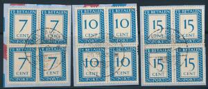 Hollandsk Newguinea. Porto. 1953. 7, 10 og 15 cent, blå. 3, sjældne stemplede 4-BLOKKE. kun et 659 mærker blev brugt af 7 c. 2815 af 10 c og 1186 af 15 c.