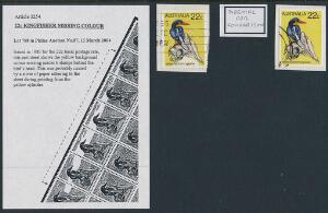 Australien. 1980. 22 c. Fugl, med variant MANGLENDE FARVE I SYD. Sjælden, se fotokopi af tilsvarende større blok.
