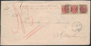 1870. 4 sk. grårød. 3-stribe på Rek-brev fra VEJLE 26.4 til Kjøbenhavn. Højre mærke med rundt hjørne