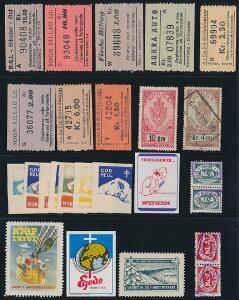 Norge. Planche med diverse mærkater, julemærker, busbilletter m.m.