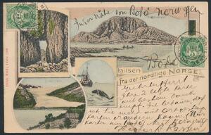 1901. Posthorn, 5 øre, grøn. 2 stk. på postkort Hilsen fra det nordligste Norge, sendt til Tyskland