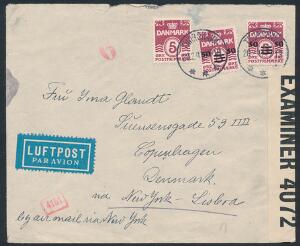 1940. 50 505 øre, vinrød. 2 stk. samt 5 øre, vinrød. I alt 105 øres frankering på Luftpostbrev til Danmark med både engelsk og tysk censur.