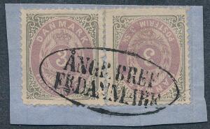 1870. 3 sk. grålilla. 2 stk. på lille brevstykke stempel ÅNGB.BREF. Fr.DANMARK