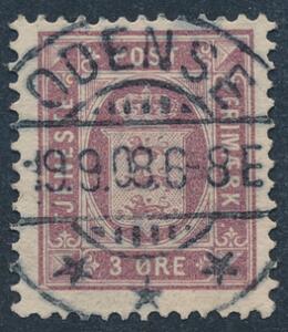 1906. 3 øre, lilla. Vm.III. Med helt perfekt LUXUS-stempel ODENSE 19.9.08. Et meget sjældent mærke i denne kvalitet