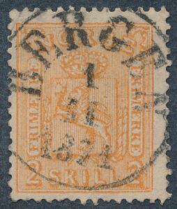 1867. Løve, 2 sk. orange. LUX-stempel BERGEN 1.11.1871