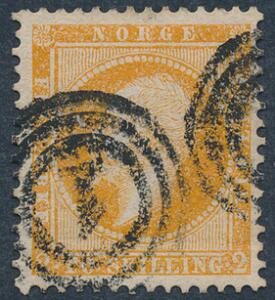 1856. Oscar, 2 sk. orange. DANSK NUMMERSTEMPEL 1