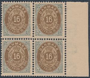 1875. 16 øre, gråbrun. Tk.14. omv. rm. Postfrisk 4-BLOK. AFA 6000