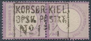 Tyskland. 1872. Stort Brystskjold, 14 Gr. violet. Parstykke med rammestempel KORSØR-KIEL DPSK.POSTKT No.1