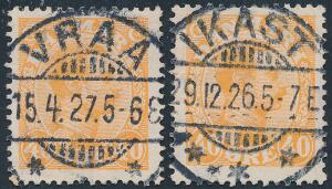 1925. Chr. X, 40 øre orange. 2 mærker annulleret med luxpragt stempler, hhv. Vraa og Ikast.