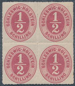 Sch. Holstein. 1865. 12 S. rosa. Ubrugt fireblok. Michel EURO 220