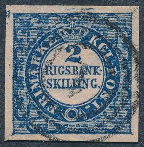 1852. 2 RBS Thiele, blå. Smukt og bredrandet mærke i nydelig klar nuance, annulleret med nr.stempel 1. Mærket med tyndhed.