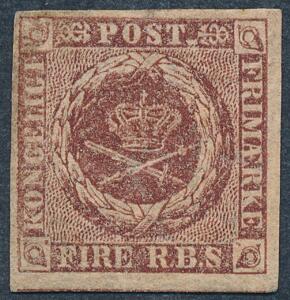 1852. 4 RBS Thiele I, rødbrun. Smukt ubrugt mærke med meget svagt hængselspor. AFA 6000