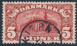 1912. 5 kr. Posthus, brunrød. Vm.III. Annulleret med LAPIDAR-stempel SKJERN. Sjældent stempel på dette mærke.
