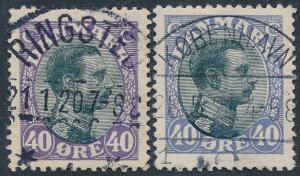 1918. Chr. X, 40 øre lillagrå og blålillagrå. Begge nuancer med retvendte PRAGT-stempler.
