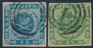 1854-1858. 2 sk. blå og 8 skilling, 1858, grøn. 2 pæne mærker. AFA 2000