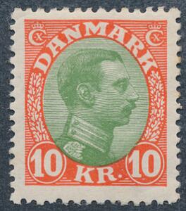 1927. Chr. X, 10 kr. rødgrøn. Pænt ubrugt mærke.