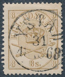 1864. 8 sk. gulbrun. Rretvendt svensk stempel YSTAD 31.10.1868. Pragteksemplar