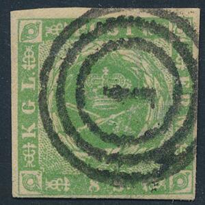 1854. 8 sk. grøn. Smukt mærke med pæne rande og skarpt nr.stempel 1.