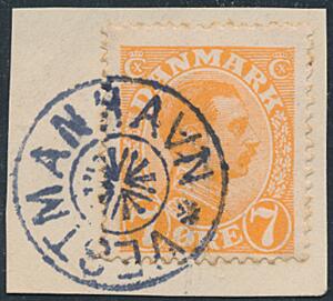 1918. 7 øre, orange, Chr. X, på lille klip annulleret med stjernestempel VESTMANHAVN.