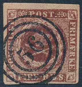 1852. 4 RBS Thiele I, rødbrun. Bredrandet pragt-mærke med smukt nr.stempel 56 Ringkøbing. Attest Møller.