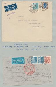 1933-1936. 2 gode Luftpostbreve, bl.a. et sendt til CALCUTTA, INDIEN med bl.a. 1 kr. Chr.X, brunblå. Sjælden forsendelse.