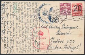 1940. Postkort sendt til POSTBOKS 506 Lissabon med censur-stempler og transitstempel. Stemplet i ROSKILDE 30.10.40. Sjælden forsendelse.
