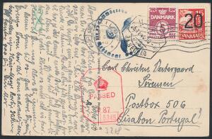 1940. Postkort sendt til POSTBOKS 506 Lissabon med censur-stempler og transitstempel. Stemplet i ROSKILDE 30.10.40. Sjælden forsendelse.