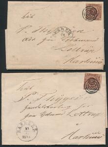 1851. 4 RBS Ferslew. 2 pæne breve med fuldrandede mærker. Sendt fra Randers til Aarhus. AFA 3200