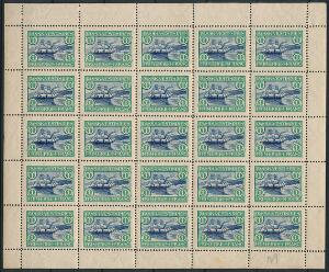 1905. St. Thomas Havn. 1 fr. grønblå. Perfekt postfrisk helark med 25 mærker. AFA 10000