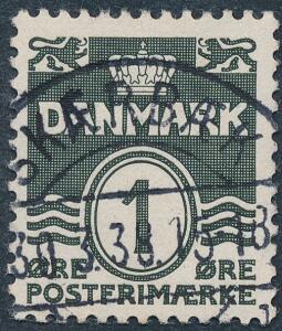 1933. Bølgelinie. 1 øre, grønsort. TYPE I. PRAGT-stemplet SKÆRBÆK 30.3.38.