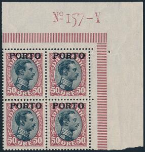 1921. Chr.X. 50 øre, vinrødsort. Postfrisk øvre MARGINAL 4-BLOK No 157-Y. AFA 1100