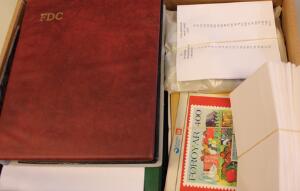 Færøerne. 1975-2004. Parti i mindre kasse med bl.a. 4-blokke, enkelte, årsmapper, årbøger, hæfter, FDC m.m. Ialt ca. kr. 10000 i pålydende for det postfriske