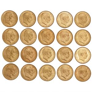 20 kr 1914 6 stk., 1915 6, 1916 4, 1917 4, H 1A, F 299, i alt 20 stk.