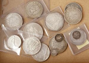 Frankrig, diverse sølvmønter 19. - 20. århundrede, ialt 14 stk., flere i pæn kvalitet