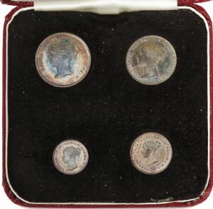 England, Victoria, Maundy Set 1866, 4, 3, 2, 1 Pence i sølv i original æske
