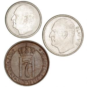 Norge, Haakon VII, 5 øre 1938, NM 167, Olav V, 1 krone 1965, NM 25 0,  50 øre 1965, NM 43 0, ialt 3 stk.