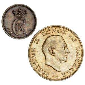 1 øre 1886, H 19A, Frederik IX, 1 krone 1959, H 6B, kval. 01, i alt 2 stk.