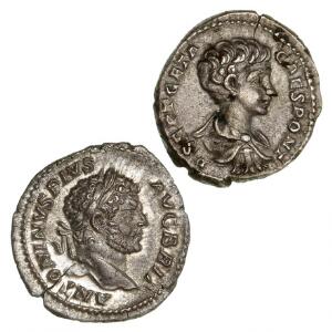 Romerske kejserdømme, Caracalla og Geta, to denarer, RIC 224, 20b