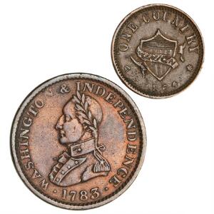 USA, kobbertoken, Washington  Independence 1783, 28 mm, 7,35 g, Breen 1203, Baker 4 samt Cent 1864, E. G. Selby