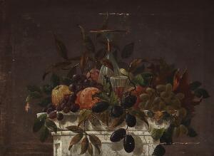 Ubekendt kunstner, 19. årh. Opstilling med frugter, løv, karaffel og vinglas på en marmorplint. Sign. utydeligt C. H. Olie på lærred. 36 x 49,5.