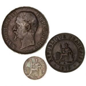 Frankrig, Napoleon III, 5 Francs A 1856, KM 782,1, Fransk Cochin China, 1 cent 1879 A, KM 3, 10 cents 1879 A, KM 4, i alt 3 stk.