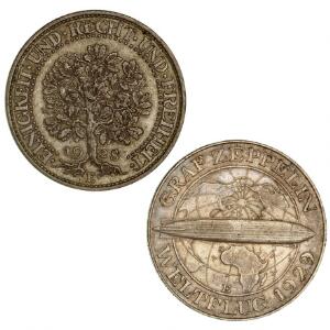 Tyskland, Deutches Reich, 5 reichsmark, eichbaum1928 E, KM 56, 5 reichmark 1930E, Zeppelin, KM 68, ialt 2 stk.