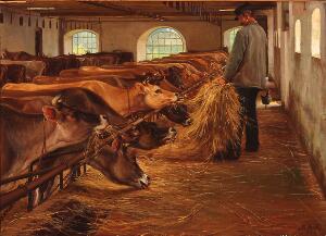 G. A. Clemens En kostald. Sign. G. A. C. 1911. Olie på lærred. 54 x 75.