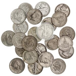 USA, samling af diverse 12 Dollars, bl.a. 1853, 1917, 1934, 1942, 1943 samt enkelte erindringsmønter, i alt 24 stk. i varierende kvalitet