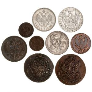 Rusland, diverse sølv- og kobbermønter, blandt andet 5 kopek 1783, Ekaterinburg, rubel 1842, St. Petersborg, rubel 1913, Bitkin 336, ialt 9 stk.