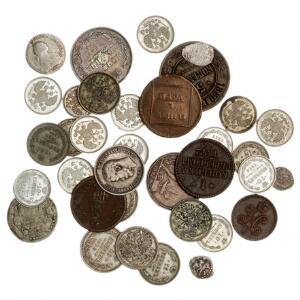 Rusland, lille lot sølv og bronzemønter, bl.a. 10 kopeks 1769, 20 kopeks 1784, i alt 35 stk.