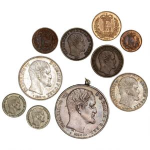 Frederik VII, 12 skilling 1852, 1857, skilling 1853 2 stk., 1856, 4 skilling 1856 2, 12 rigsdaler 1854 VS, rigsdaler 1855 FF, 2 rigsdaler 1854 FF monteret