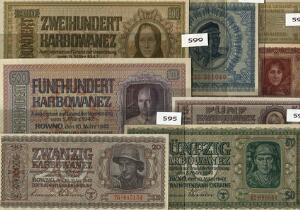 Tyskland, tyske emission i Ukraine 1941-42, Zentralnotenbank Rowno, nær komplet sæt på 8 sedler i topkvaliteter, Rosenberg 591, 593-599