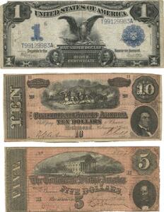 USA, 1 Dollar 1899, nr. T99129983A, Pick 338, papirmangel i øverste venstre hjørne, Confederate States, 5, 10 Dollars 1864, Pick 67, 68